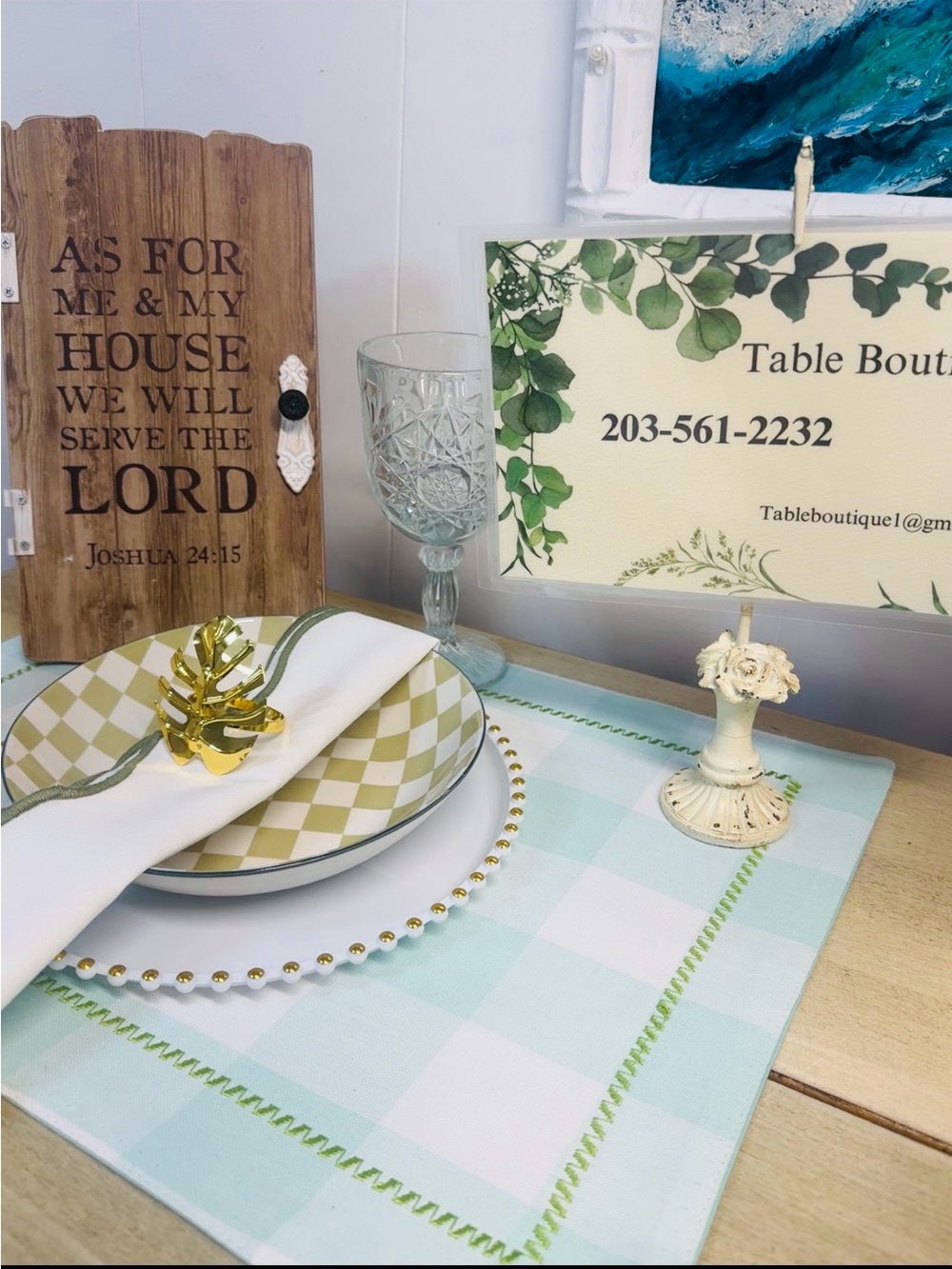 Mint Check Placemats with Gold Bead Charger